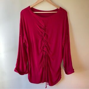 Umgee Red Blouse Shirt Lace Up High Low Back Roll Tab Sleeves